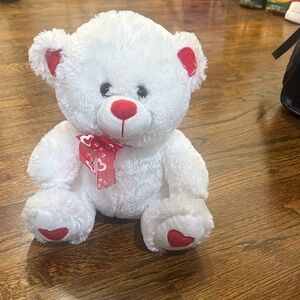 White and Red Teddy Bear with Heart Accents